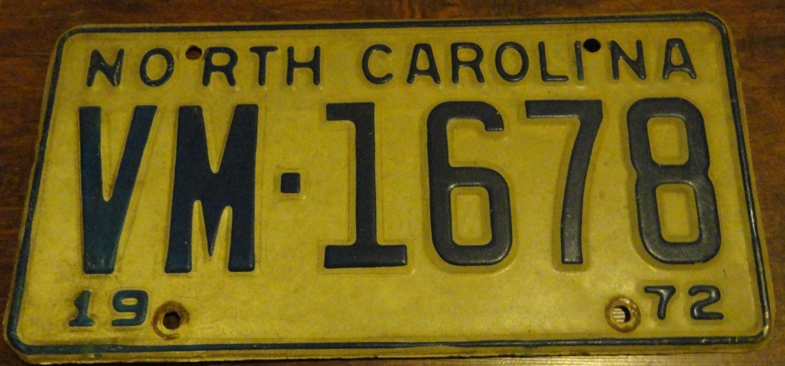 1972 VM 1678 North Carolina license plate