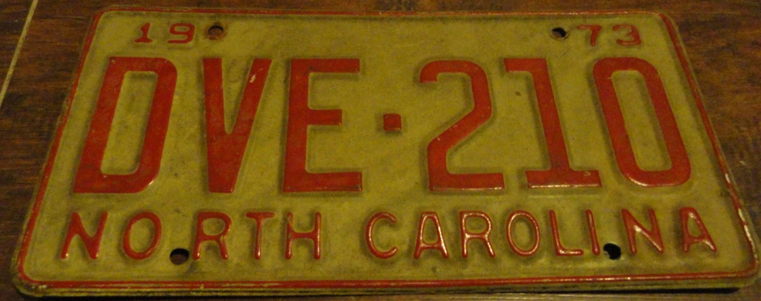 1973 North Carolina license plate DVE 210