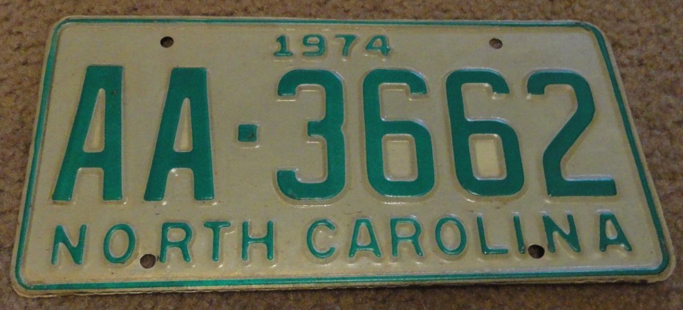 1974 AA 3662 North Carolina license plate