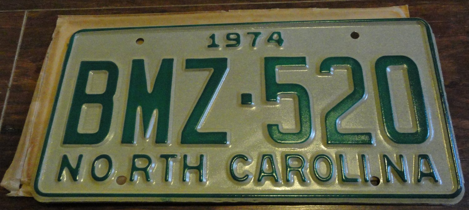 NOS 1974 BMZ 520 North Carolina license plate new old stock