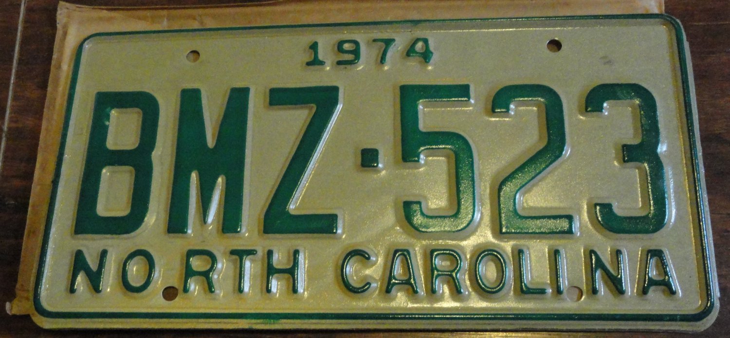 NOS 1974 North Carolina license plate BMZ 523  new old stock