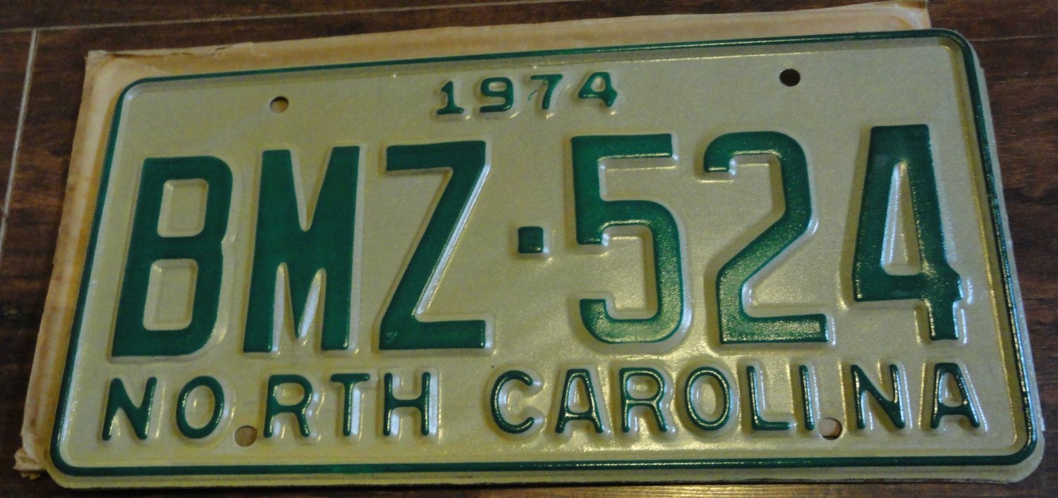 NOS 1974 North Carolina license plate BMZ 524  new old stock