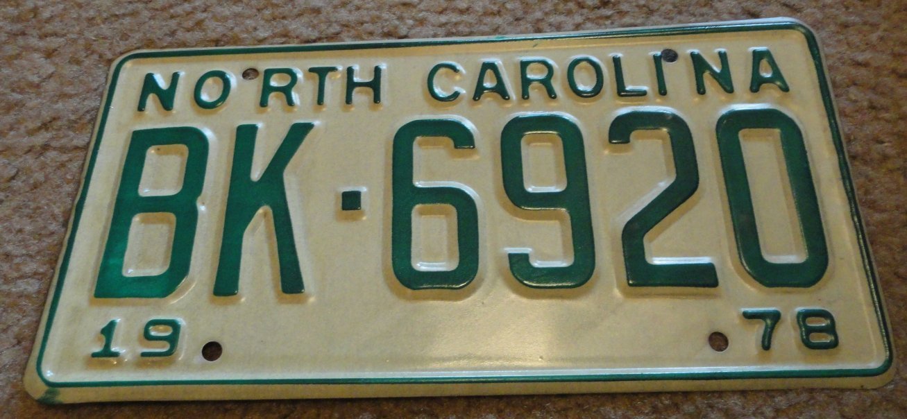 NOS 1978 BK 6920 North Carolina license plate new old stock