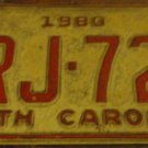 1980 North Carolina license plate WRJ 729 with October 1982 stickers 1980 North Carolina license plate WRJ 729 with October 1982 stickers