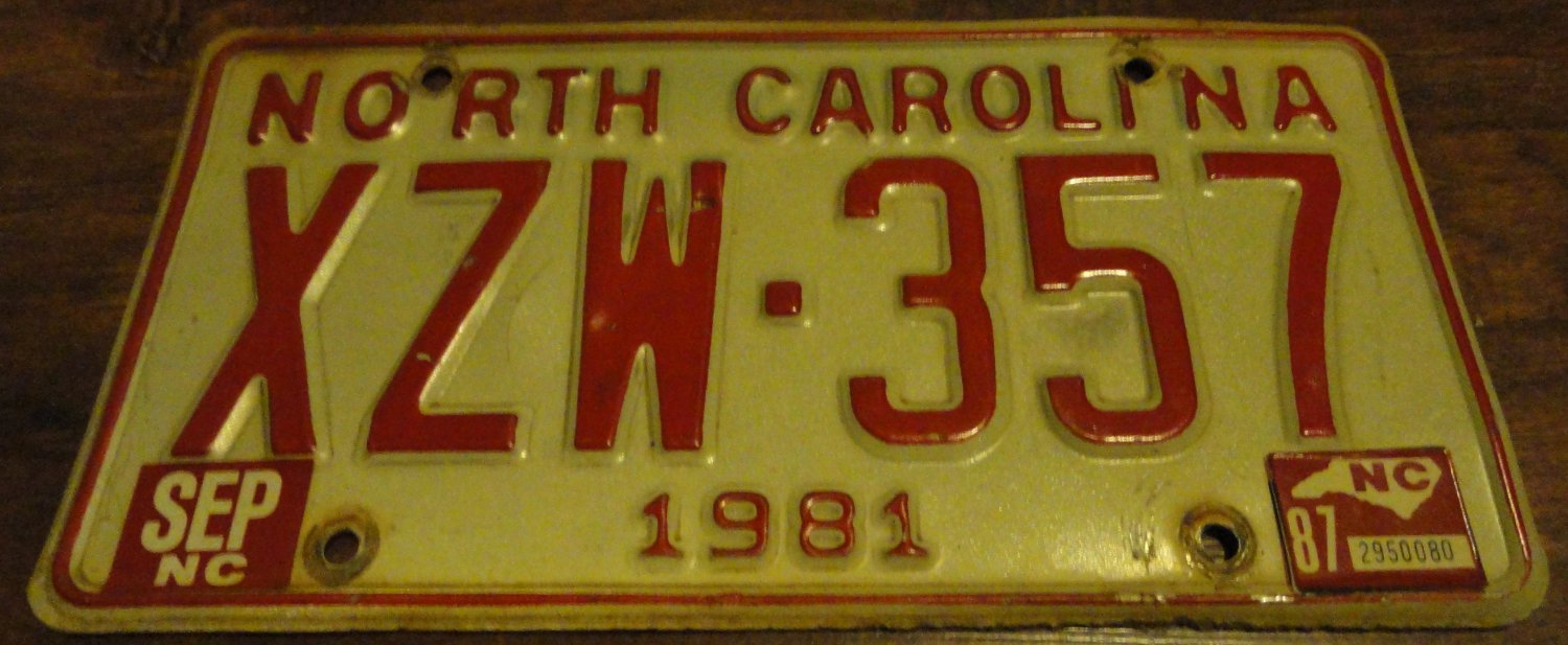 1981 XZW 357 North Carolina license plate with September 1987 stickers