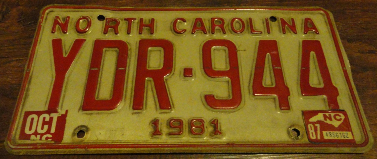 1981 YDR 944 North Carolina license plate with October 1987 stickers