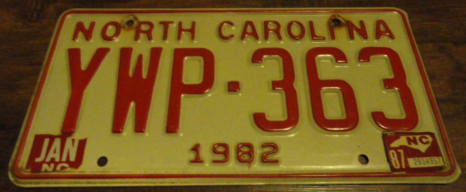 1982 YWP 363 North Carolina license plate with January 1987 stickers