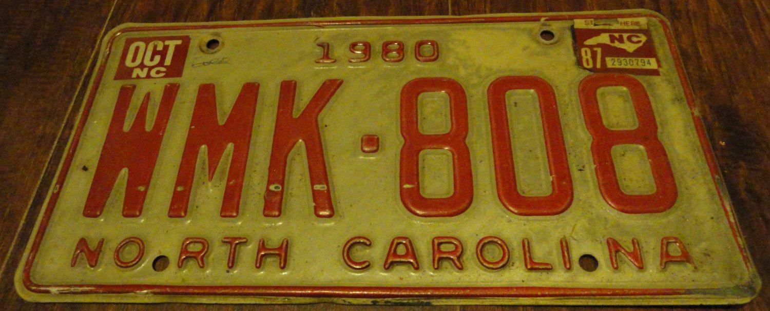 1980 Wmk 808 North Carolina License Plate With October 1987 Stickers