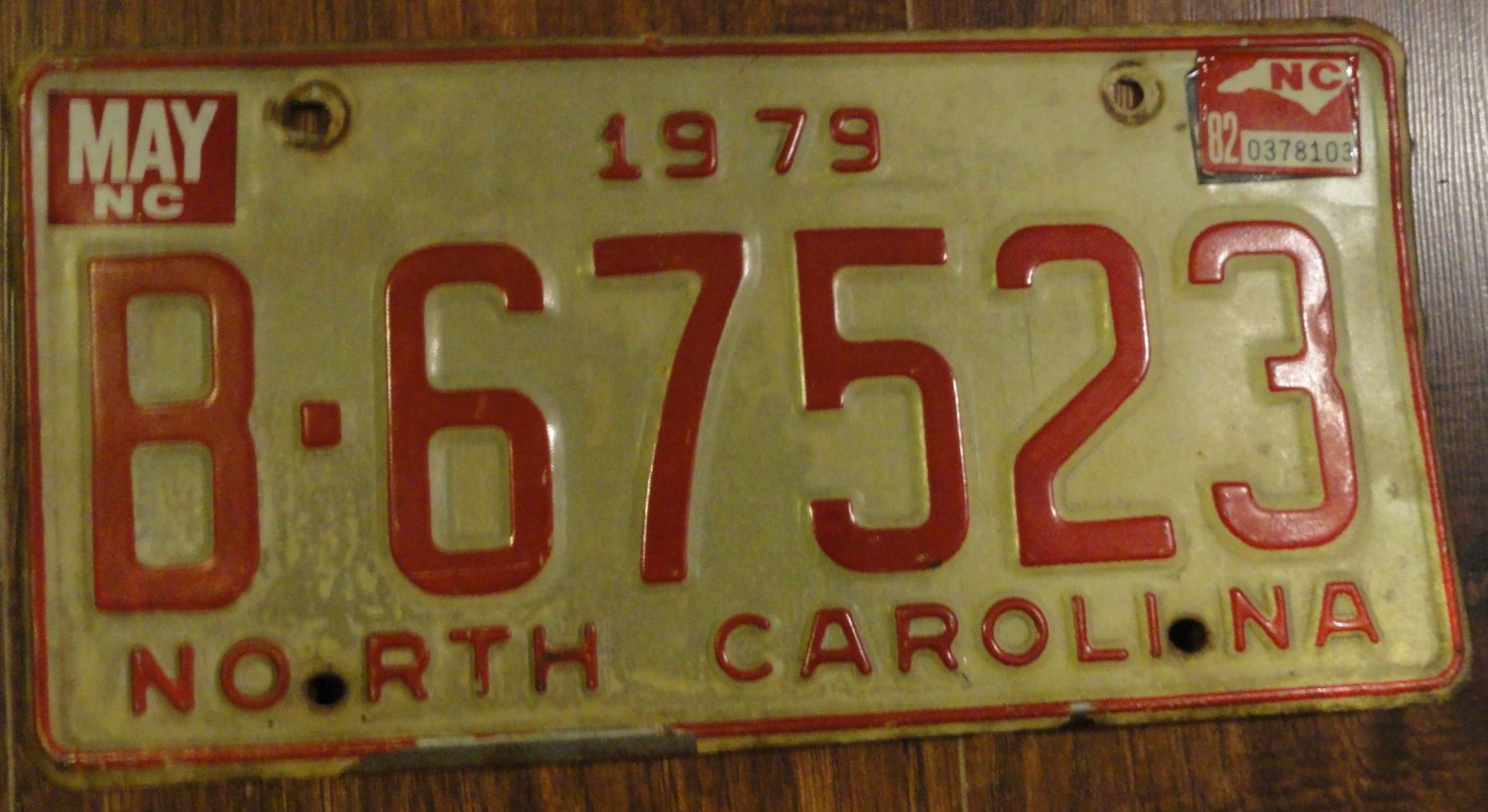 1979 B 67523 North Carolina license plate with May 1982 sticker