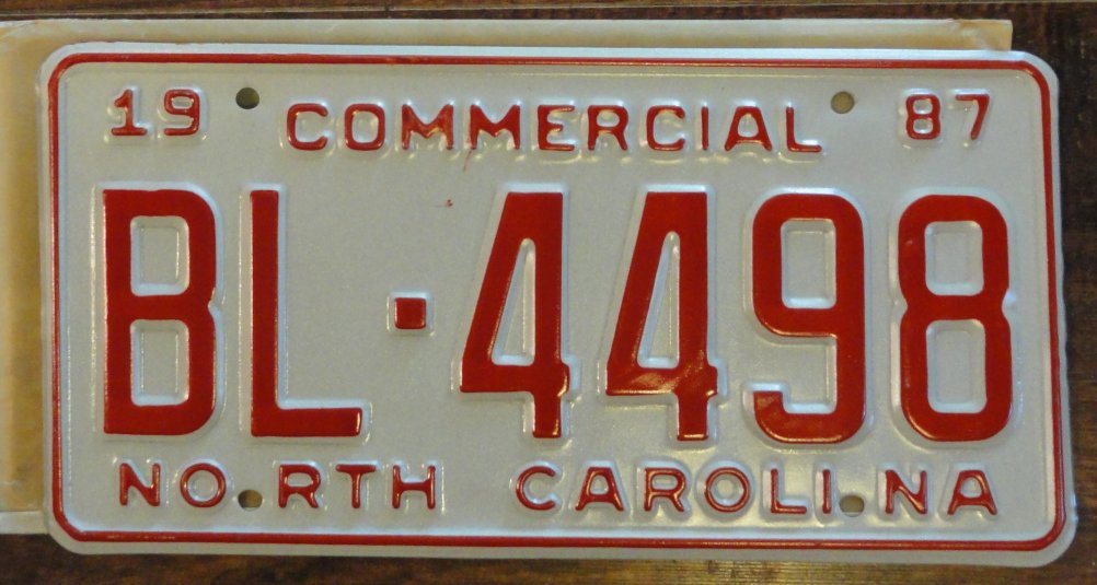 NOS 1987 North Carolina commercial license plate BL 4498 new old stock