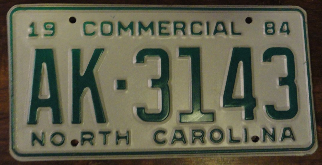 NOS 1984 North Carolina commercial license plate AK 3143