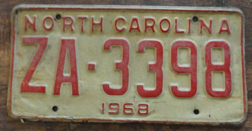 1968 North Carolina license plate ZA 3398