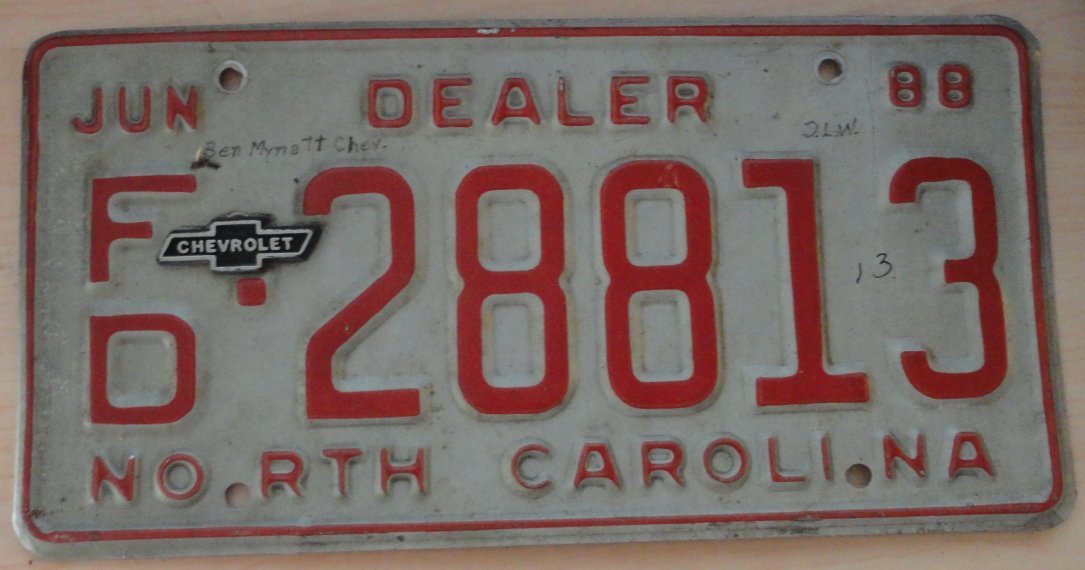1988 North Carolina dealer license plate FD 28813 Ben Mynatt Chevrolet