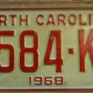 NOS 1968 North Carolina license plate 4584 KE  new old stock