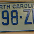 NOS 1972 North Carolina license plate 998 ZL   new old stock