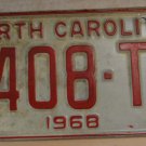 NOS 1968 North Carolina passenger truck license plate 5408 TV  new old stock
