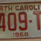 NOS 1968 North Carolina passenger truck license plate 5409 TV  new old stock