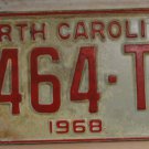 NOS 1968 North Carolina passenger truck license plate 5464 TV  new old stock