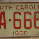 NOS 1968 North Carolina license plate ZA 6669  new old stock