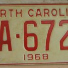 NOS 1968 North Carolina license plate ZA 6723  new old stock