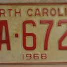 NOS 1968 North Carolina license plate ZA 6729  new old stock