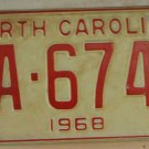 NOS 1968 North Carolina license plate ZA 6740  new old stock