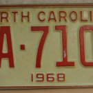 NOS 1968 North Carolina license plate ZA 7100  new old stock