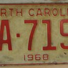 NOS 1968 North Carolina license plate ZA 7192  new old stock