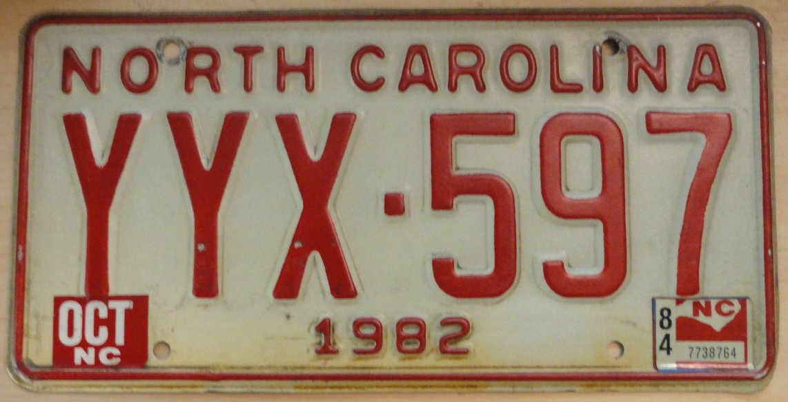 1982 North Carolina license plate YYX 597 with October 1984 sticker