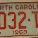 1968 North Carolina passenger truck license plate 9032 TV