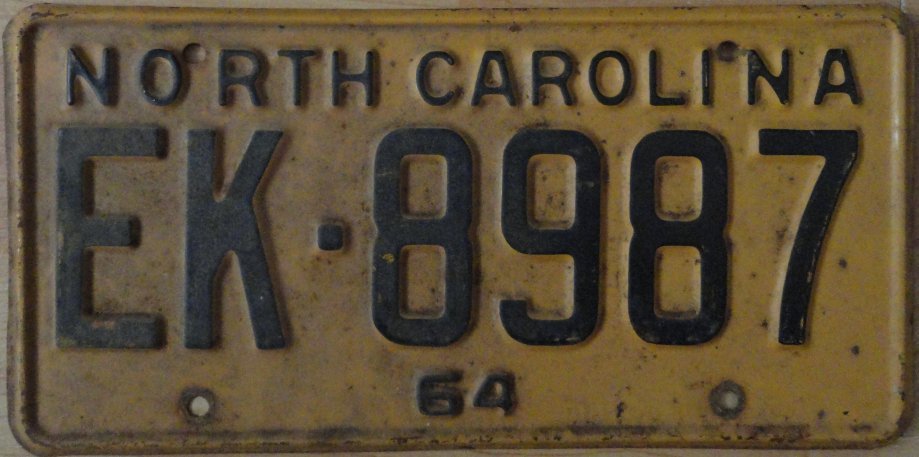 1964 North Carolina license plate EK 8987