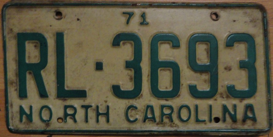 1971 North Carolina license plate RL 3693