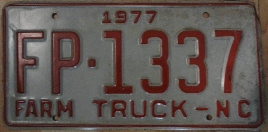 1977 North Carolina farm truck license plate FP 1337