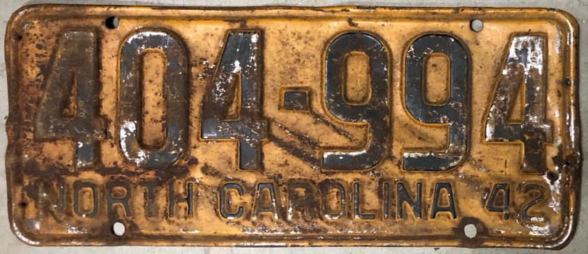 1942 North Carolina license plate 404 994