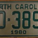 NOS 1980 North Carolina license plate AD 3892 new old stock