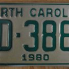 NOS 1980 North Carolina license plate AD 3889 new old stock
