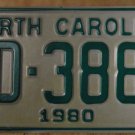 NOS 1980 North Carolina license plate AD 3888 new old stock