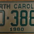 NOS 1980 North Carolina license plate AD 3887 new old stock