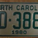 NOS 1980 North Carolina license plate AD 3885 new old stock