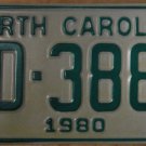NOS 1980 North Carolina license plate AD 3884 new old stock