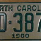 NOS 1980 North Carolina license plate AD 3878 new old stock