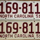1951 North Carolina license plate 169 811 matching pair