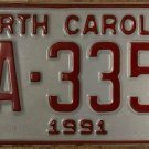 NOS 1991 North Carolina license plate TA 3358   new old stock