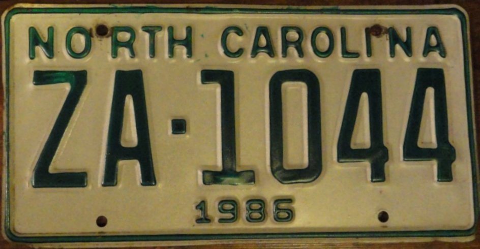 1986 North Carolina drive away license plate ZA 1044