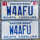North Carolina amateur radio license plate W4AFU  matching pair
