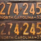 1933 North Carolina license plate 274 245 matching pair