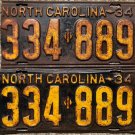 1934 North Carolina license plate 334 889 matching pair