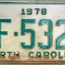 NOS 1978 North Carolina license plate HF 5321 new old stock