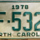 NOS 1978 North Carolina license plate HF 5324 new old stock
