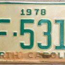 NOS 1978 North Carolina license plate HF 5312 new old stock